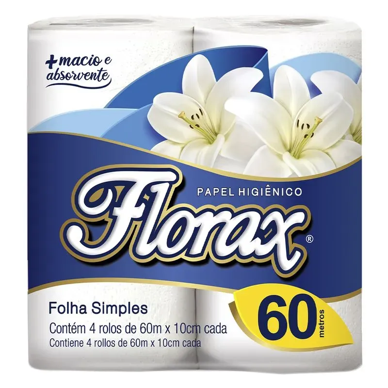 PAPEL HIG FLORAX FOLHA SIMPLES 60M PACOTE C/4 ROLOS  (FARDO C/64 ROLOS)